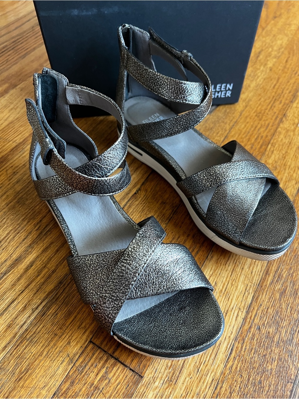 Eileen Fisher Sally MT Metallic Black leather Strappy Wedge Sandals